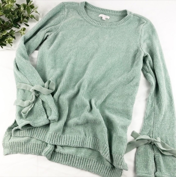 LC Lauren Conrad Mint Green Fuzzy Sweater Bow Sleeve Hi Low Women's Medium M EUC - Picture 1 of 13